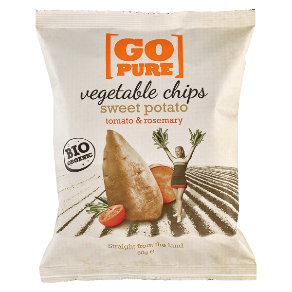 GoPure Bio Gemüsechips Süßkartoffel, Tomate &amp; Rosmarin MHD 25.01.2025